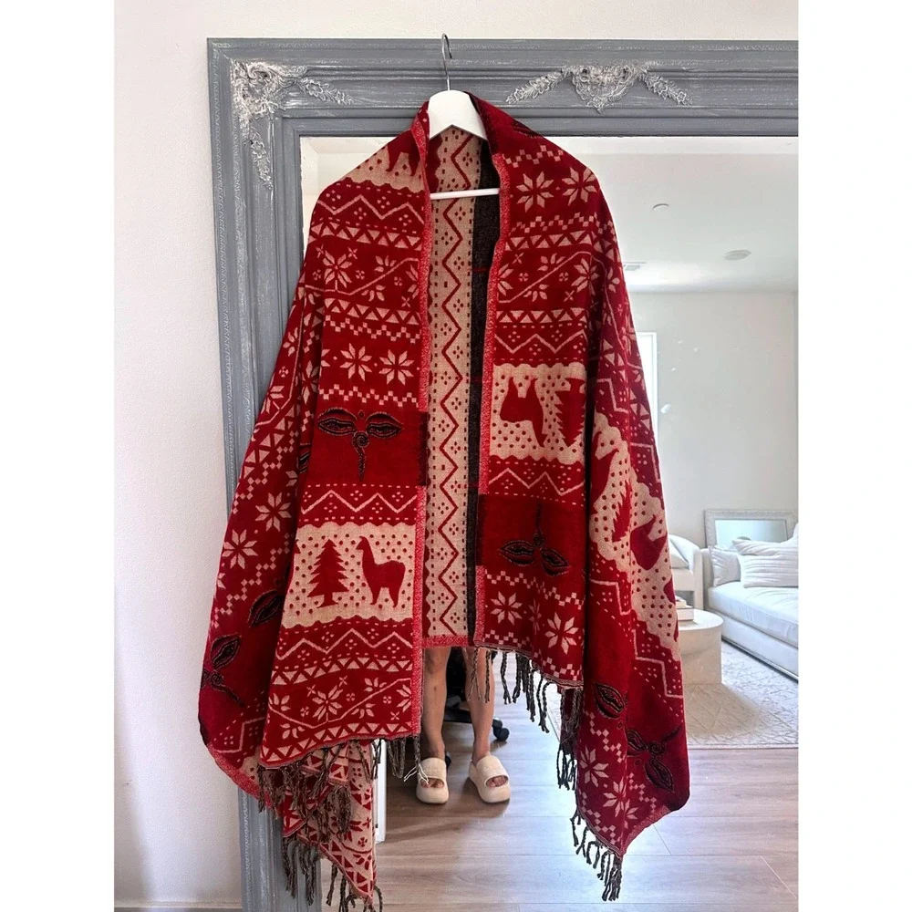 Boho Red Alpaca Print Knit Oversized Shawl Wrap Fringe Trim Festive Reversible